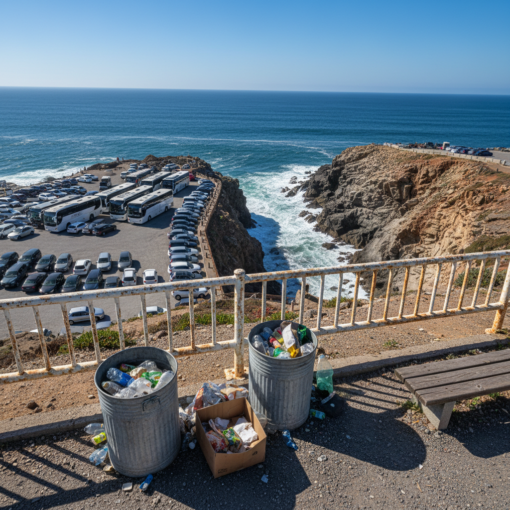 A popular tourist viewpoint captured in photographic realism from a high vantage point, contrasting brochure expectations with the actual scene. The composition uses a wide-angle lens to show a dramatic rocky coastline and deep blue water that echo the marketing images. However, the foreground and edges include overflowing trash bins, worn safety railings with peeling paint, and a cluttered parking lot packed tightly with cars and tour buses. Bright midday sun creates hard, defined shadows that emphasize rough textures on the rocks and railings. The mood is bold and unsentimental, showing that the natural beauty is real but so are the crowds and infrastructure, all revealed clearly without any people or added text.