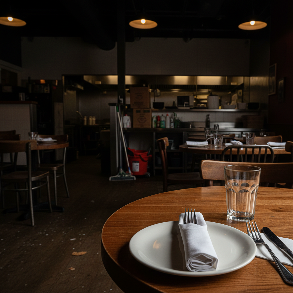 A restaurant interior in photographic realism, capturing the difference between listing photos and actual ambiance. Shot from an eye-level perspective at the edge of a small table, the foreground shows a neatly arranged place setting on a wooden tabletop, just like a promotional shot. In the midground and background, details reveal the truth: dim patchy lighting, a slightly sticky-looking floor, mismatched chairs, and a view toward an open kitchen with stacked boxes and cleaning supplies partially visible. Warm, uneven overhead lighting creates strong highlights and deep shadows, giving a bold, gritty documentary mood. The image avoids any people, relying on objects, surfaces, and lighting to communicate an honest, unfiltered dining reality.