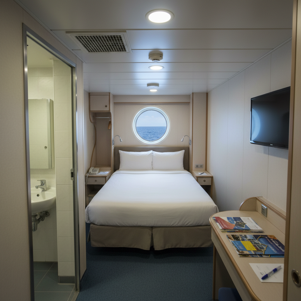 A compact cruise ship cabin photographed in realistic detail from the doorway, using a slightly wide-angle lens to show the full space. The promotional feel is evident in the neatly made bed with crisp white sheets and a small porthole giving a glimpse of open water. The honest reality emerges in the tight clearances around the bed, the low ceiling with visible vents, a narrow desk cluttered with brochures, and a small bathroom door left ajar revealing basic fixtures. Cool artificial ceiling lights mix with a faint bluish daylight from the porthole, creating a neutral, clinical atmosphere. The composition is centered and symmetrical, emphasizing how limited the space really is compared to spacious marketing images.