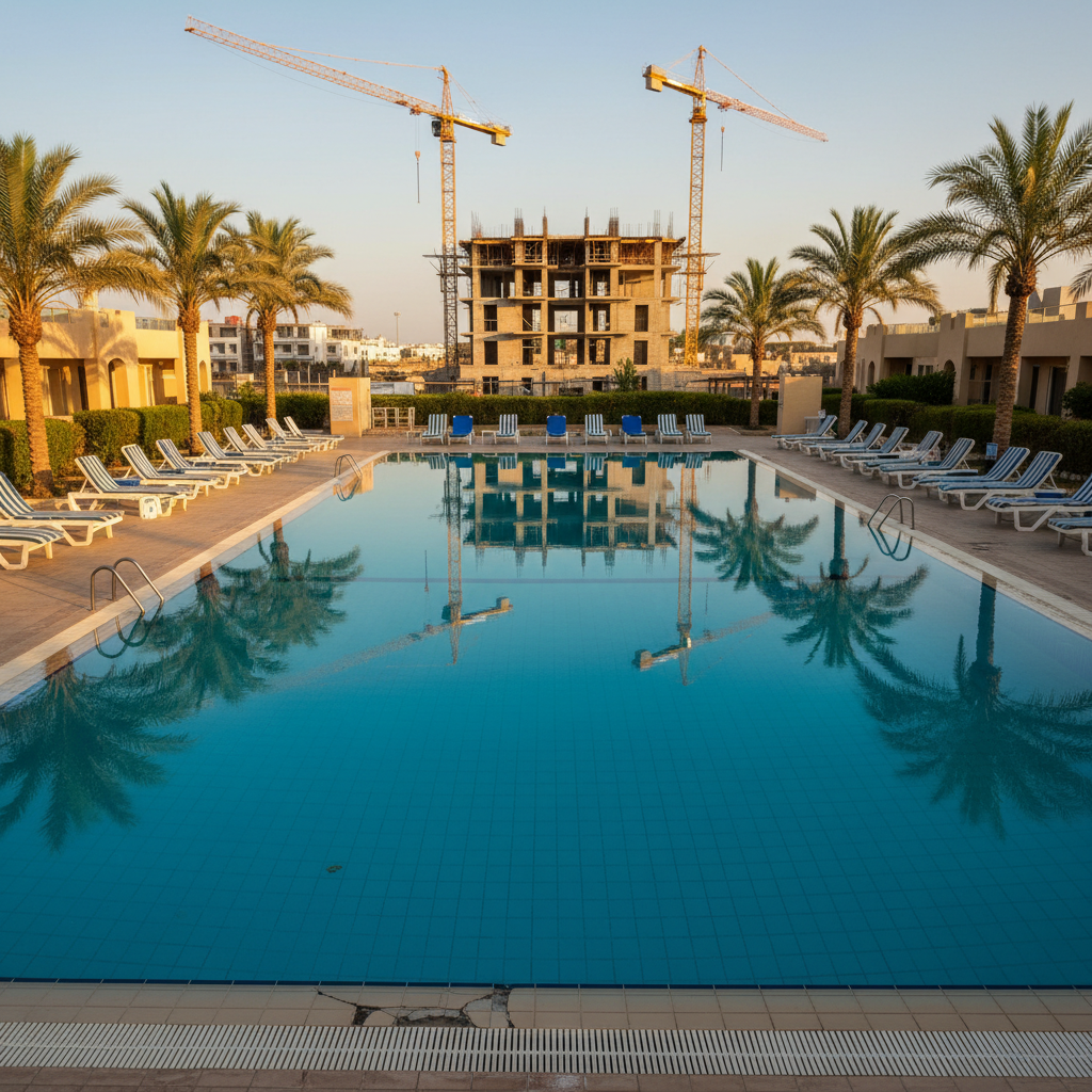 An outdoor resort pool area in photographic realism, shot from a wide-angle, slightly elevated viewpoint. The composition mirrors a postcard-perfect listing, with a turquoise pool in the center and neatly arranged lounge chairs. But the reality is visible in the details: several faded cushions, a few cracked tiles near the waterline, and a distant view revealing nearby construction cranes and a half-finished building instead of pristine ocean. Late afternoon sunlight casts long shadows from palm trees, highlighting both the inviting blue water and the imperfections around it. The mood is bold and investigative, not depressing—showing strengths and shortcomings honestly in one balanced, documentary-style image.