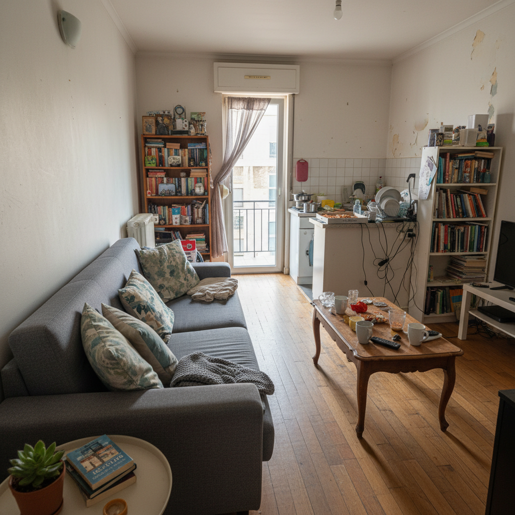 A vacation rental living room captured in photographic realism from a slightly elevated corner angle, showing both the listing-perfect perspective and the honest reality in one frame. In the foreground, a stylish gray sofa with decorative cushions looks inviting, just as in the listing. As the eye moves deeper, cluttered shelves, tangled cables, a chipped coffee table, and a cramped kitchenette tell a different story. Afternoon overcast light filters through a small balcony door, creating soft, diffused illumination that reveals worn textures on the walls and floor. The mood is candid and unfiltered, with a balanced composition that uses leading lines from the floorboards to guide viewers through the contrast between expectation and reality.