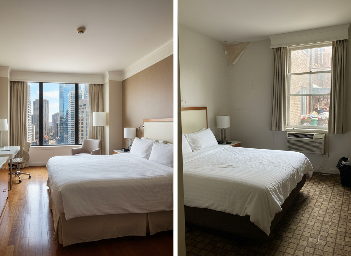 A split-scene photographic realism image contrasting a glossy hotel listing with the actual room. On the left, a wide, luxurious bedroom with perfectly made white linens, floor-to-ceiling windows showing a vibrant city skyline, everything spotless and spacious. On the right, the same room in reality: tighter angle reveals scuffed walls, dated patterned carpet, a small window facing an alley, and a bulky air conditioner. Cool daylight leaks through thin curtains, casting honest, slightly harsh shadows. Shot at eye level with sharp focus throughout, the scene feels bold and documentary, highlighting the gap between marketing perfection and real conditions without using any people or text, just the environment itself.
